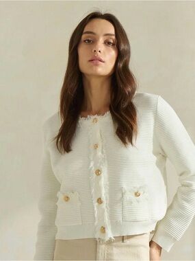 Able White Fringed Button-Front Cardigan